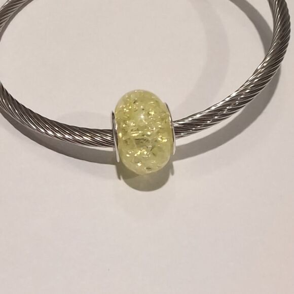 Silver Yellow "Crushed Glass" Charm for Pandora Style Bracelet - Picture 2 of 4